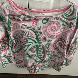 Talbots Bateau Paisley Top NWOT Medium Petite Pink,Green,White ,3/4 sleeve